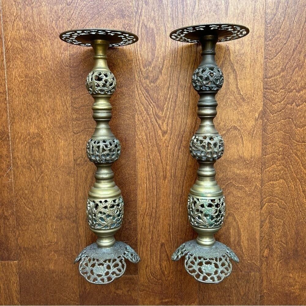 Vintage Oversized Moroccan Pierced Brass Candle Holders, Set of 2, Nice Patina